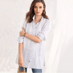Garnet Hill Easy Linen Tunic Sriped Button-Up Down Shirt XL